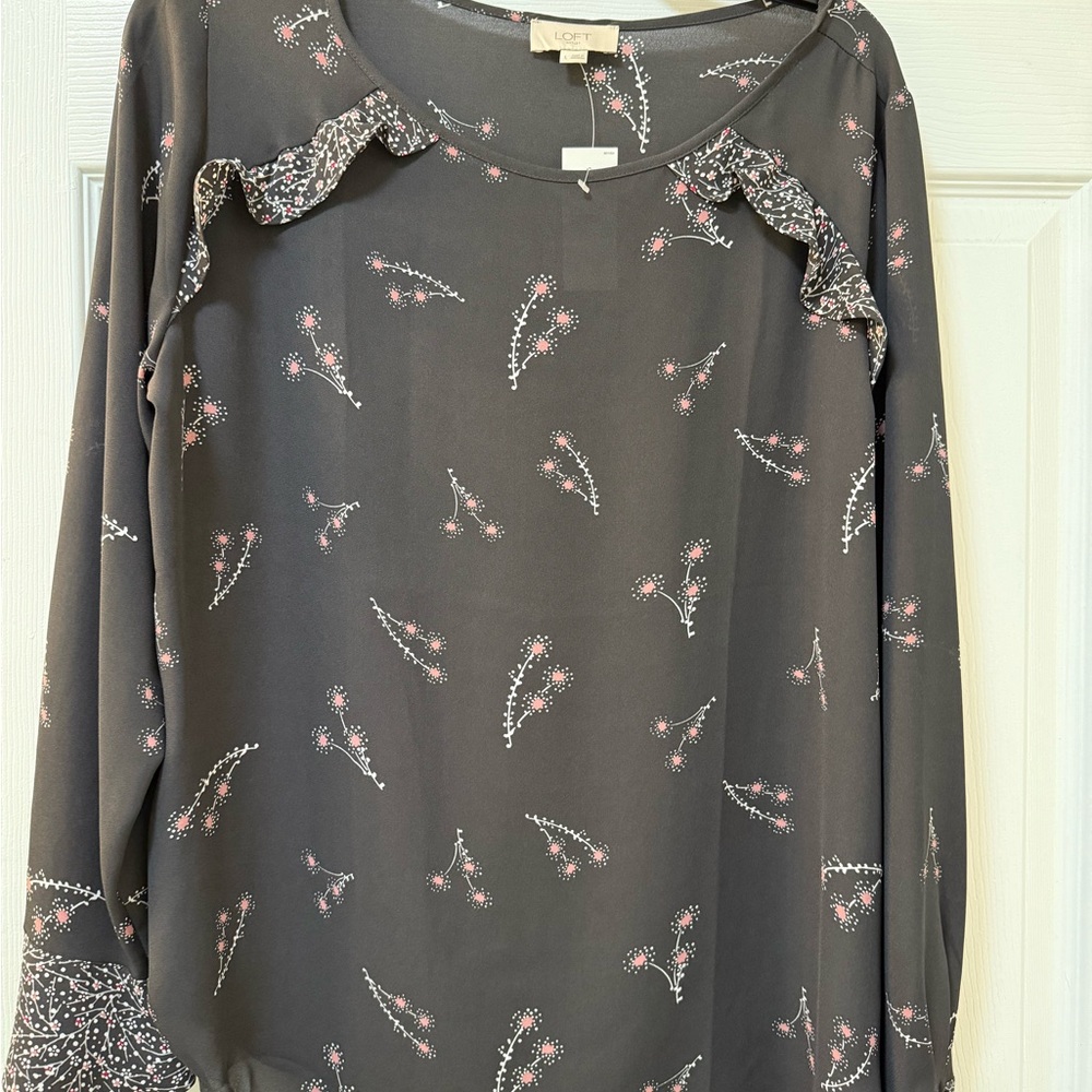 LOFT Gray Ruffled Blouse with Lace Details